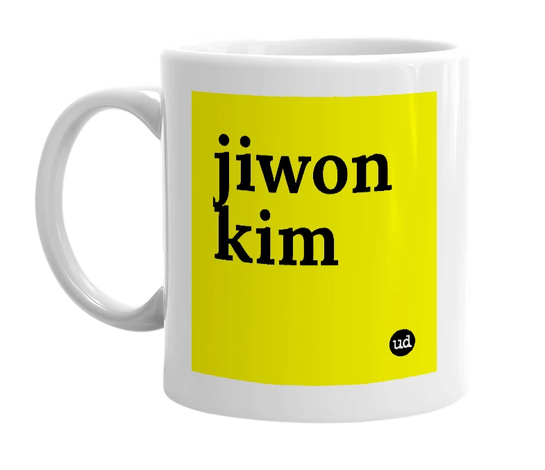White mug with 'jiwon kim' in bold black letters