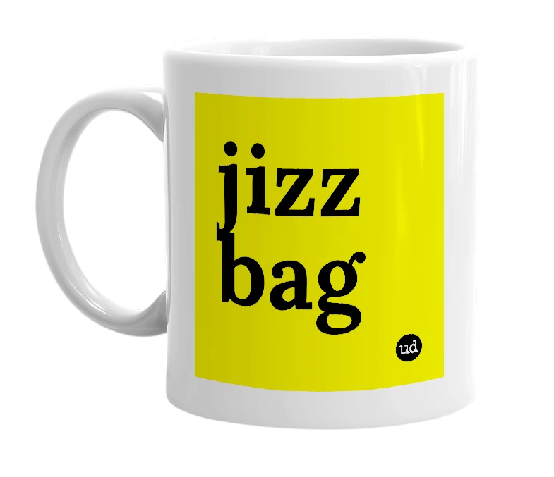 White mug with 'jizz bag' in bold black letters