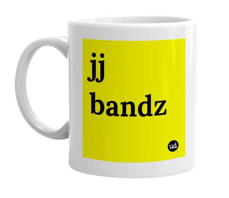 White mug with 'jj bandz' in bold black letters