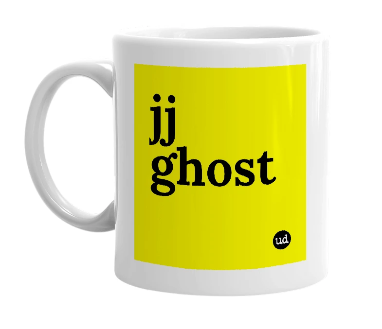 White mug with 'jj ghost' in bold black letters