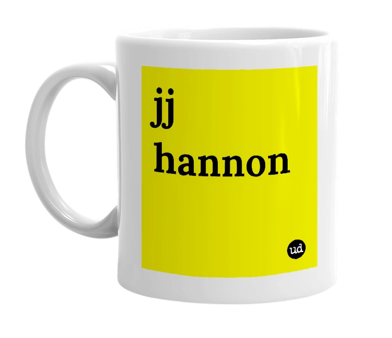 White mug with 'jj hannon' in bold black letters