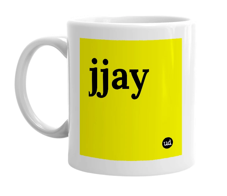 White mug with 'jjay' in bold black letters