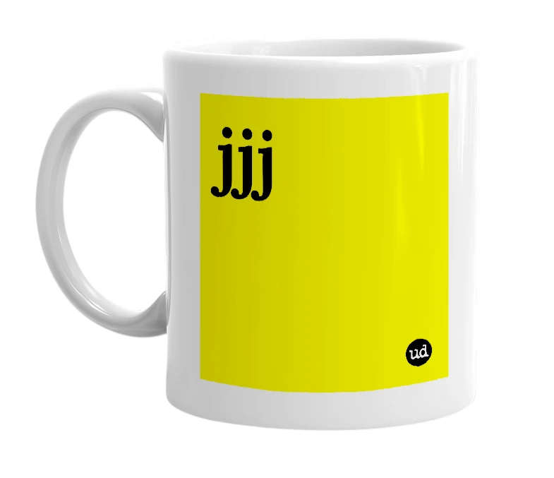 White mug with 'jjj' in bold black letters