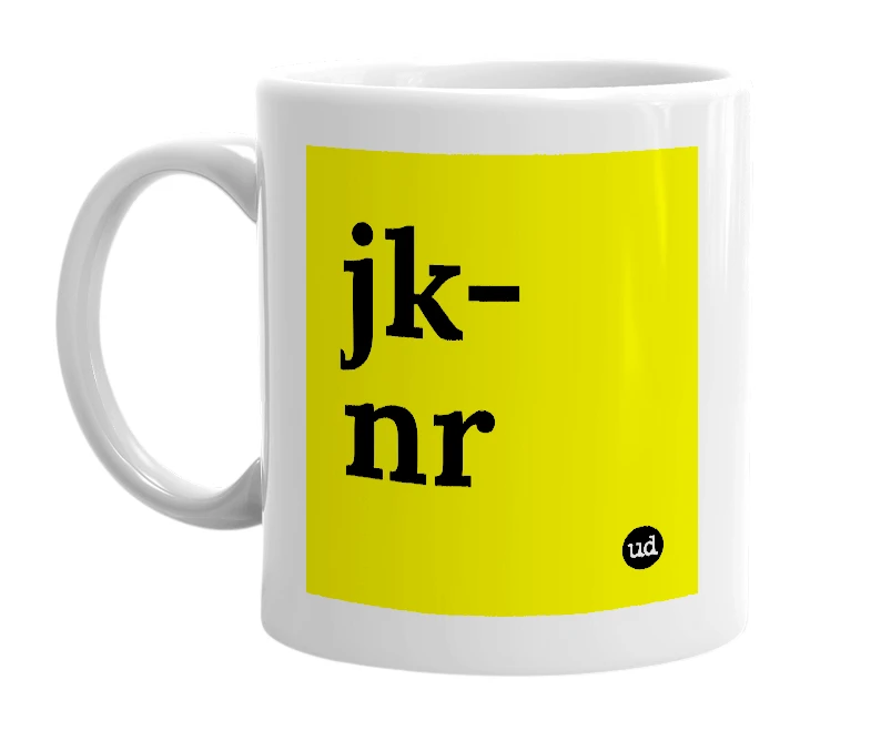 White mug with 'jk-nr' in bold black letters