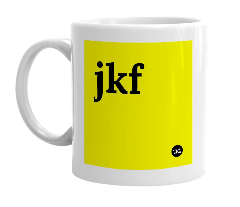 White mug with 'jkf' in bold black letters