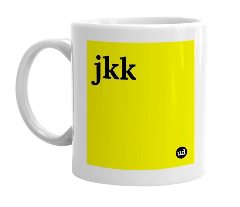 White mug with 'jkk' in bold black letters