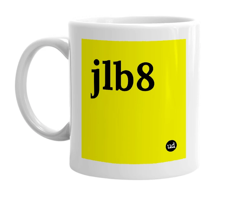 White mug with 'jlb8' in bold black letters