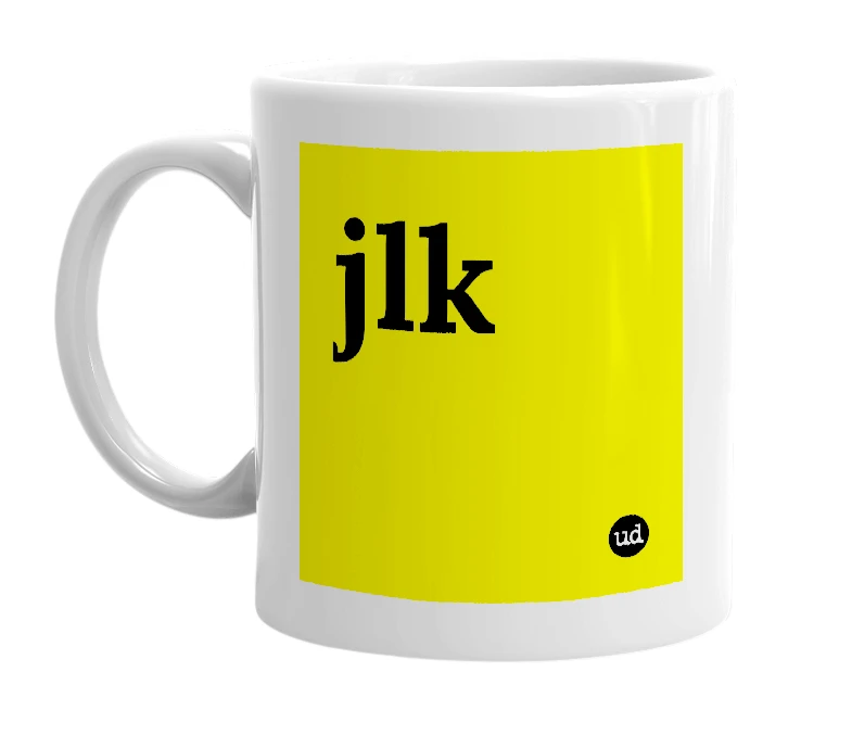 White mug with 'jlk' in bold black letters