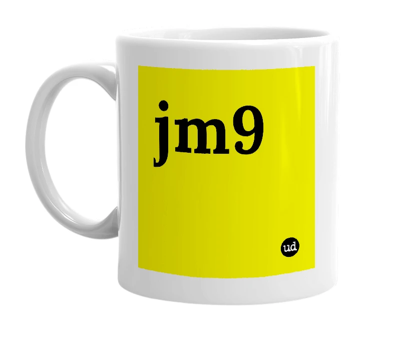 White mug with 'jm9' in bold black letters