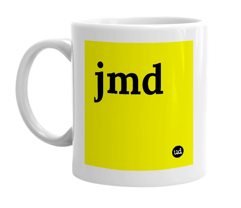 White mug with 'jmd' in bold black letters