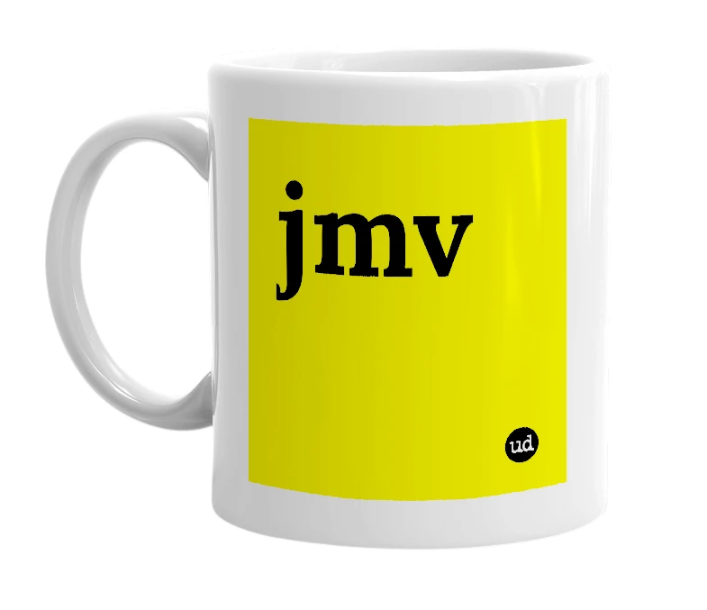 White mug with 'jmv' in bold black letters