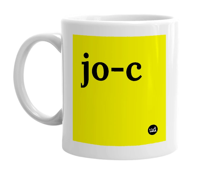 White mug with 'jo-c' in bold black letters