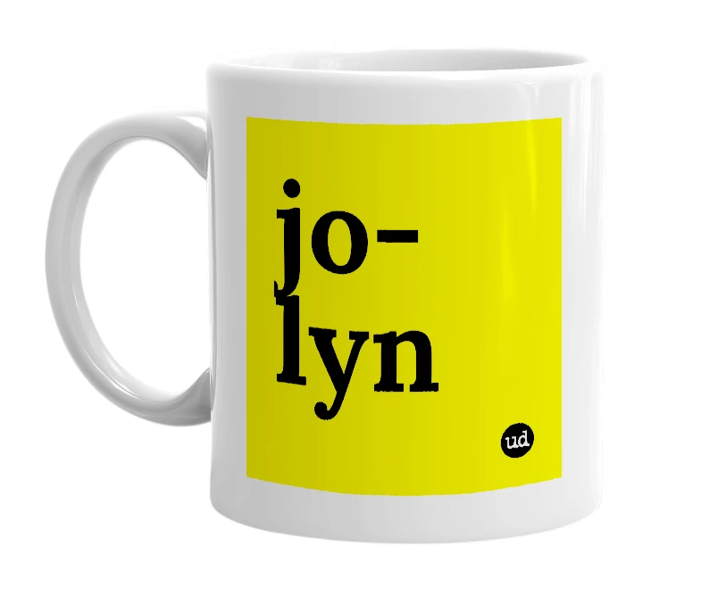White mug with 'jo-lyn' in bold black letters