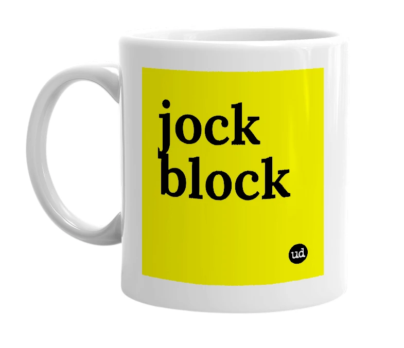 White mug with 'jock block' in bold black letters