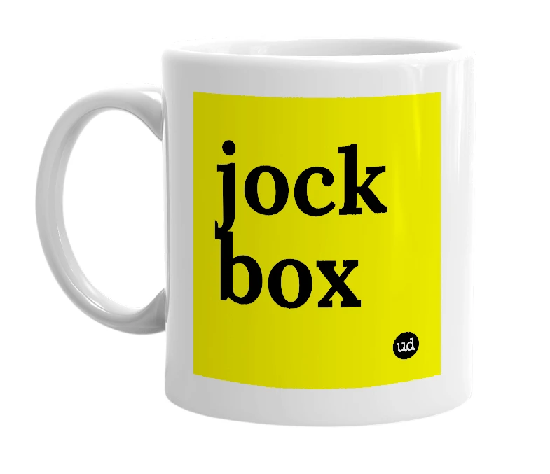 White mug with 'jock box' in bold black letters