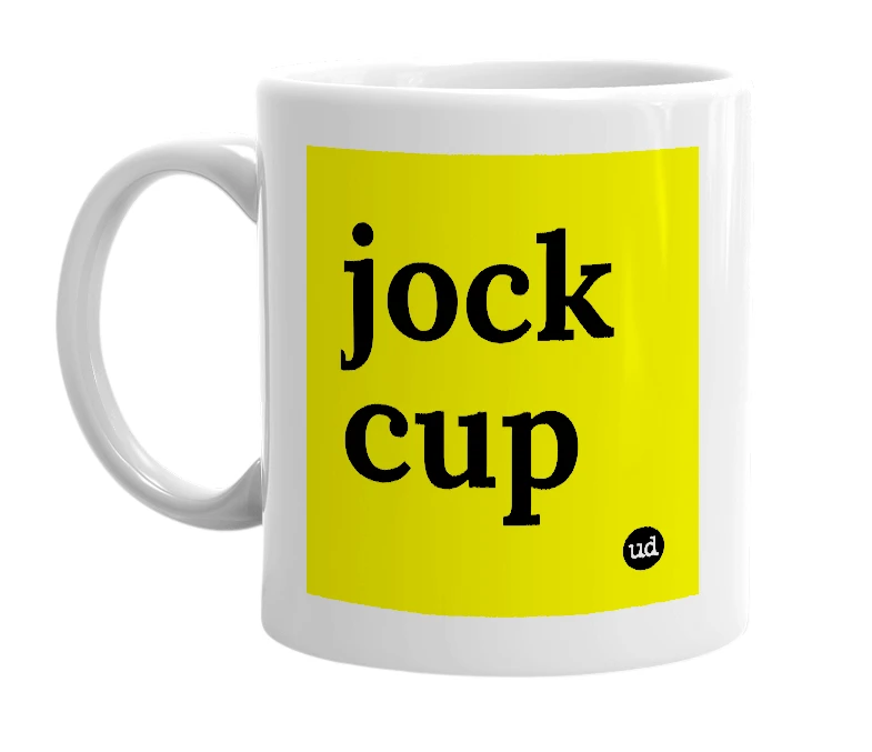 White mug with 'jock cup' in bold black letters