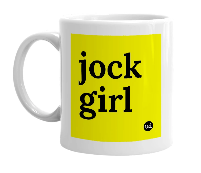 White mug with 'jock girl' in bold black letters