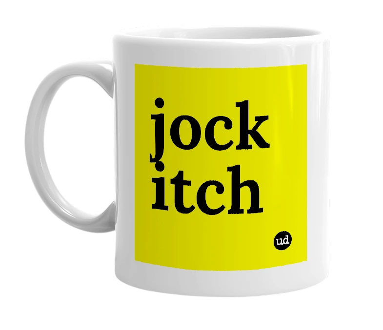 White mug with 'jock itch' in bold black letters