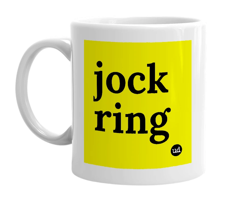 White mug with 'jock ring' in bold black letters