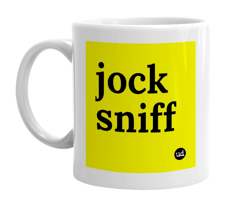 White mug with 'jock sniff' in bold black letters