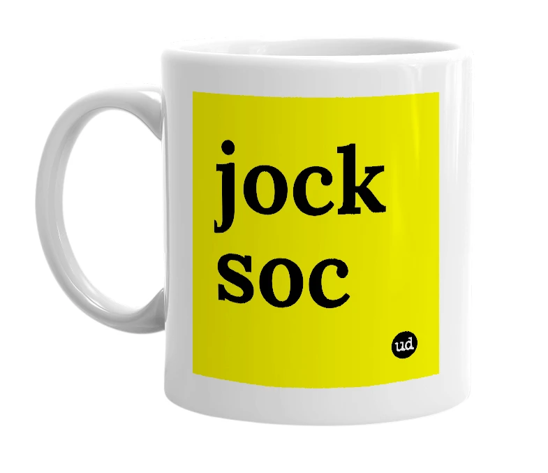 White mug with 'jock soc' in bold black letters