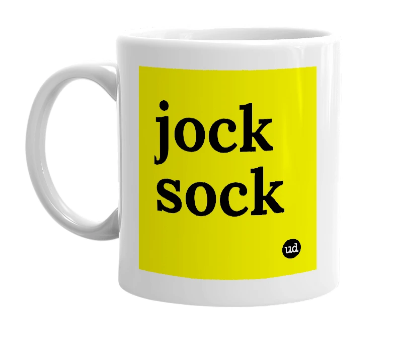 White mug with 'jock sock' in bold black letters