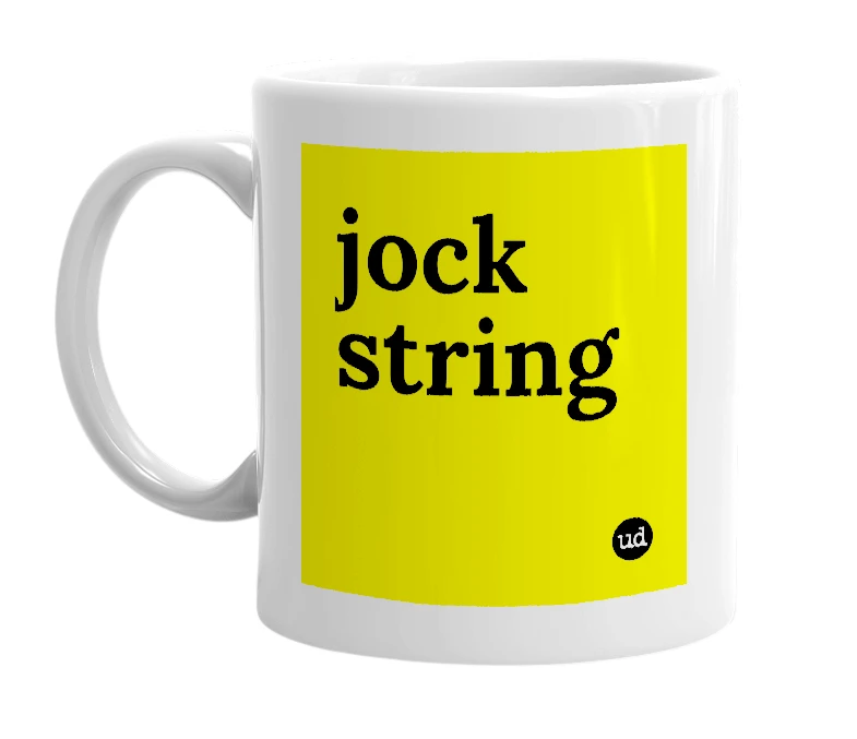 White mug with 'jock string' in bold black letters