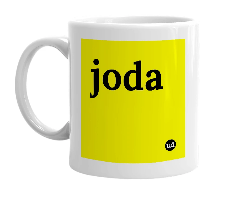 White mug with 'joda' in bold black letters