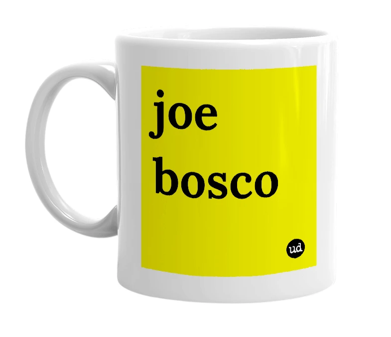 White mug with 'joe bosco' in bold black letters