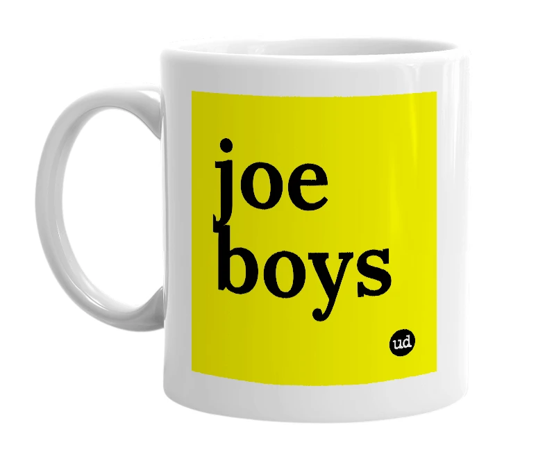 White mug with 'joe boys' in bold black letters