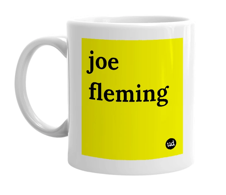 White mug with 'joe fleming' in bold black letters