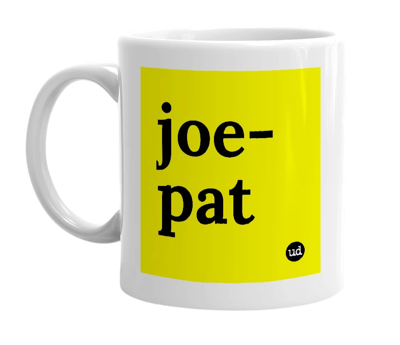 White mug with 'joe-pat' in bold black letters