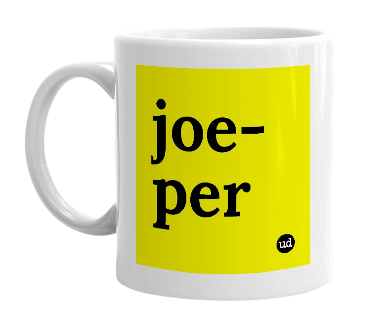 White mug with 'joe-per' in bold black letters