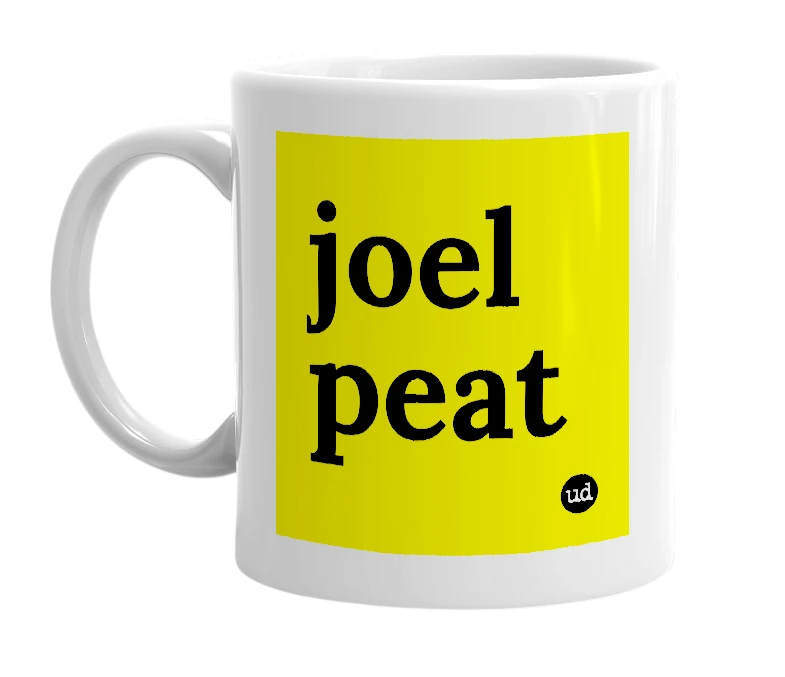 White mug with 'joel peat' in bold black letters