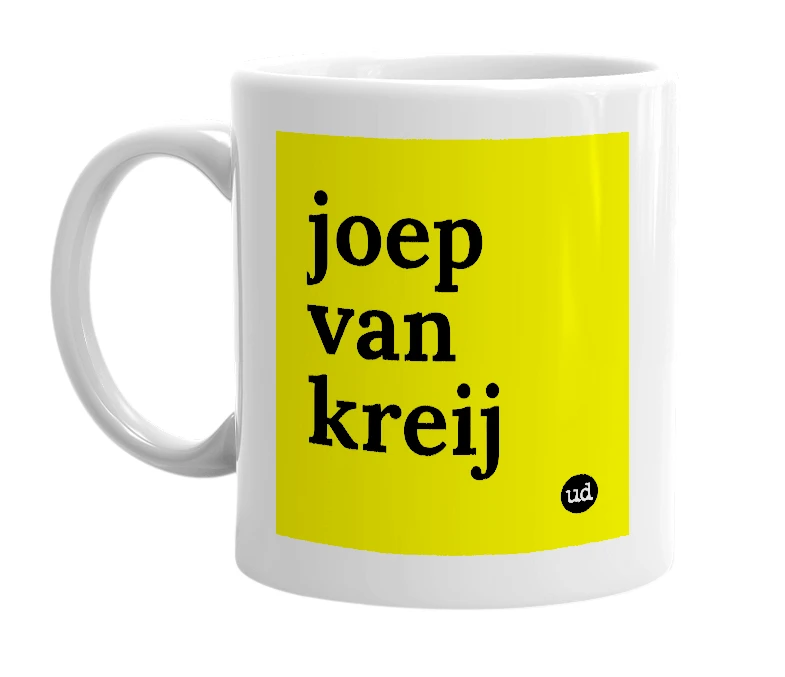 White mug with 'joep van kreij' in bold black letters