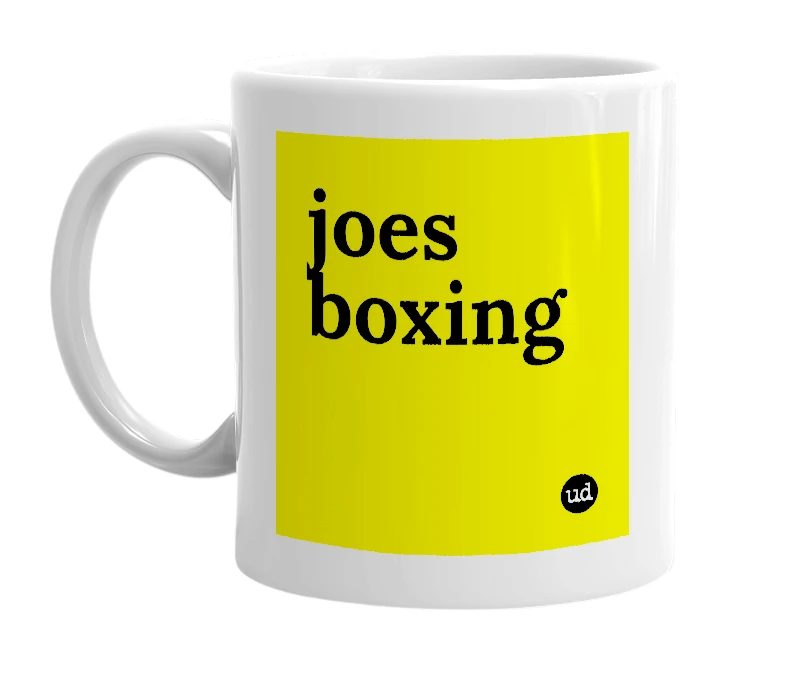 White mug with 'joes boxing' in bold black letters