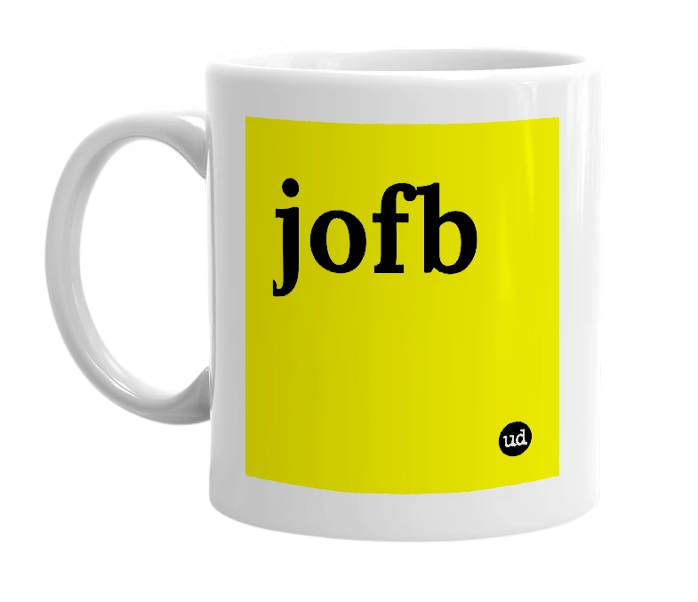 White mug with 'jofb' in bold black letters