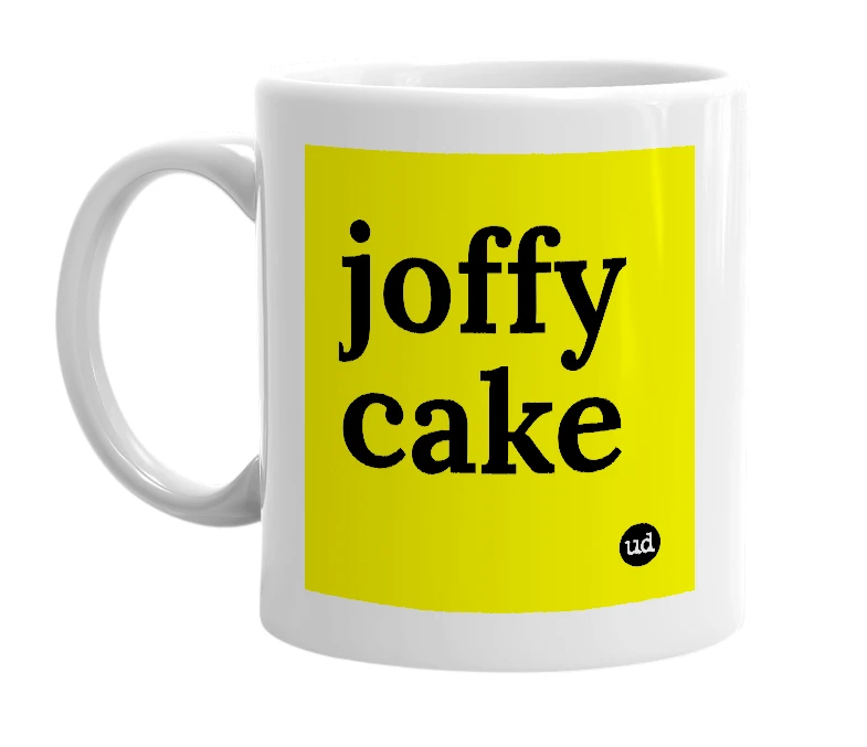 White mug with 'joffy cake' in bold black letters