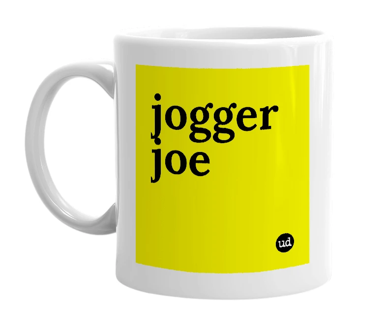 White mug with 'jogger joe' in bold black letters