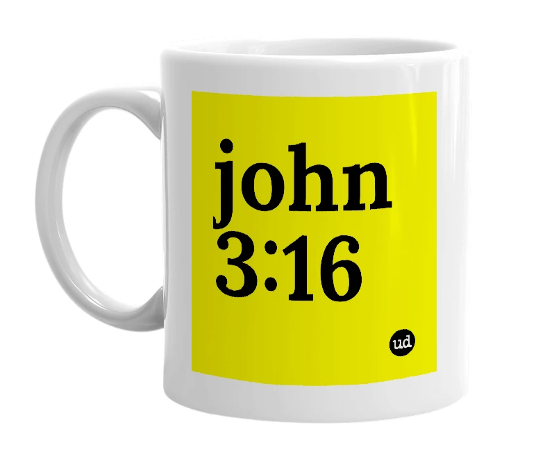 White mug with 'john 3:16' in bold black letters