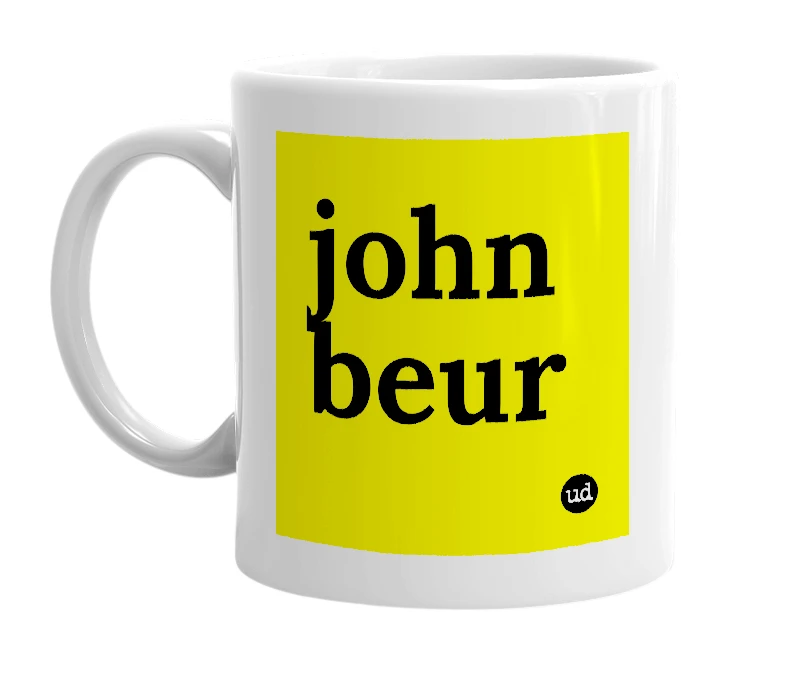 White mug with 'john beur' in bold black letters