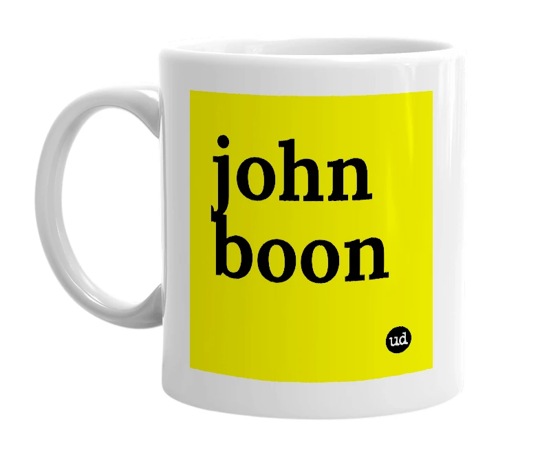 White mug with 'john boon' in bold black letters