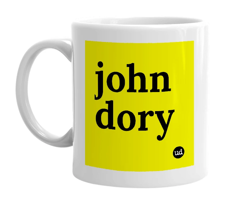 White mug with 'john dory' in bold black letters