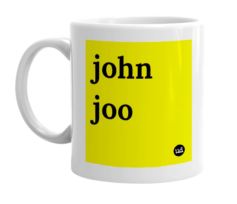 White mug with 'john joo' in bold black letters
