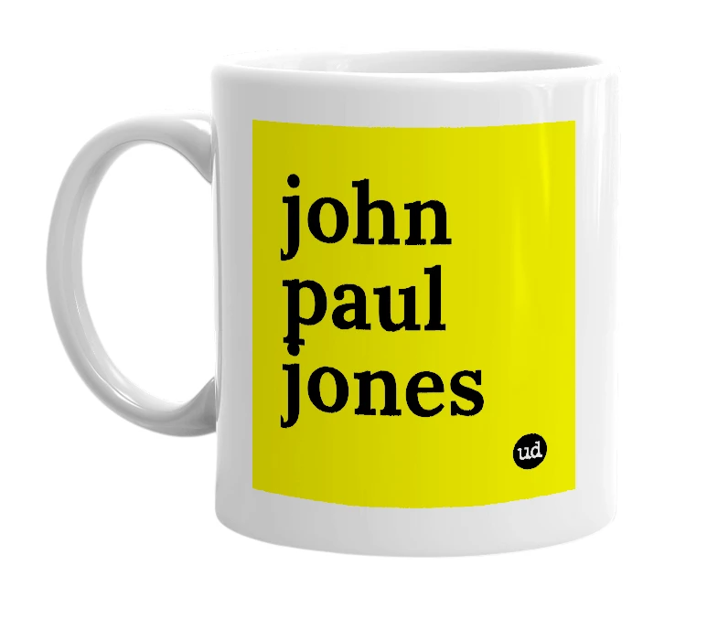 White mug with 'john paul jones' in bold black letters