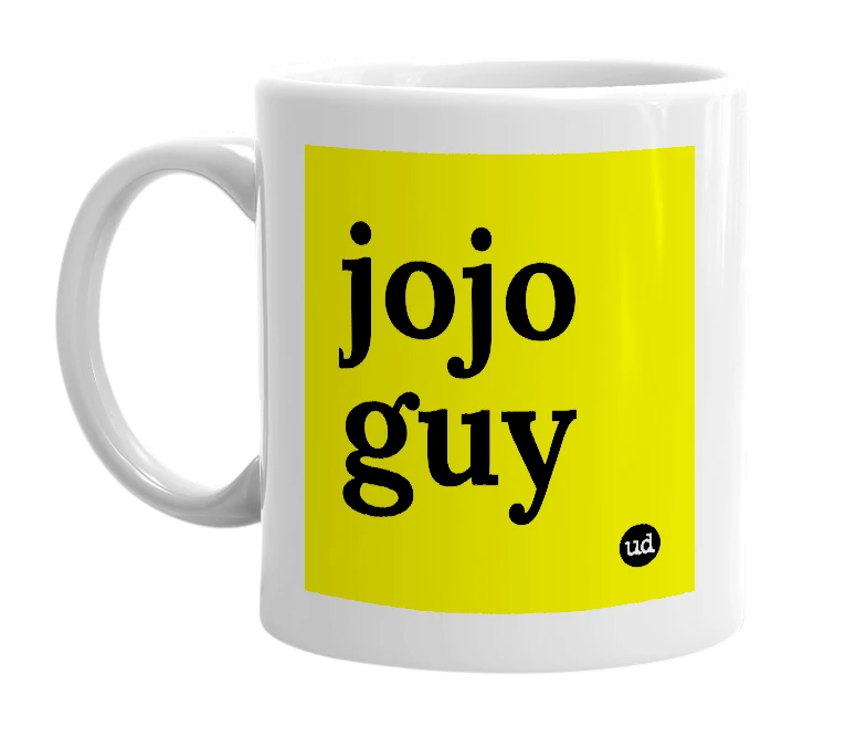 White mug with 'jojo guy' in bold black letters
