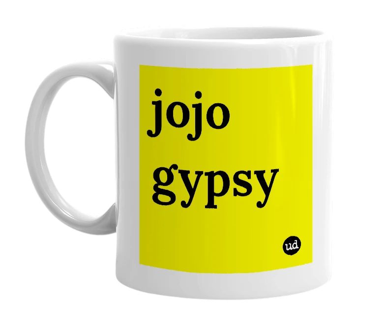 White mug with 'jojo gypsy' in bold black letters