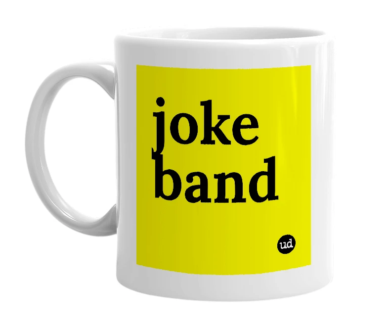 White mug with 'joke band' in bold black letters