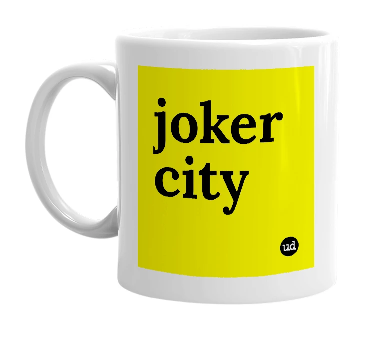 White mug with 'joker city' in bold black letters