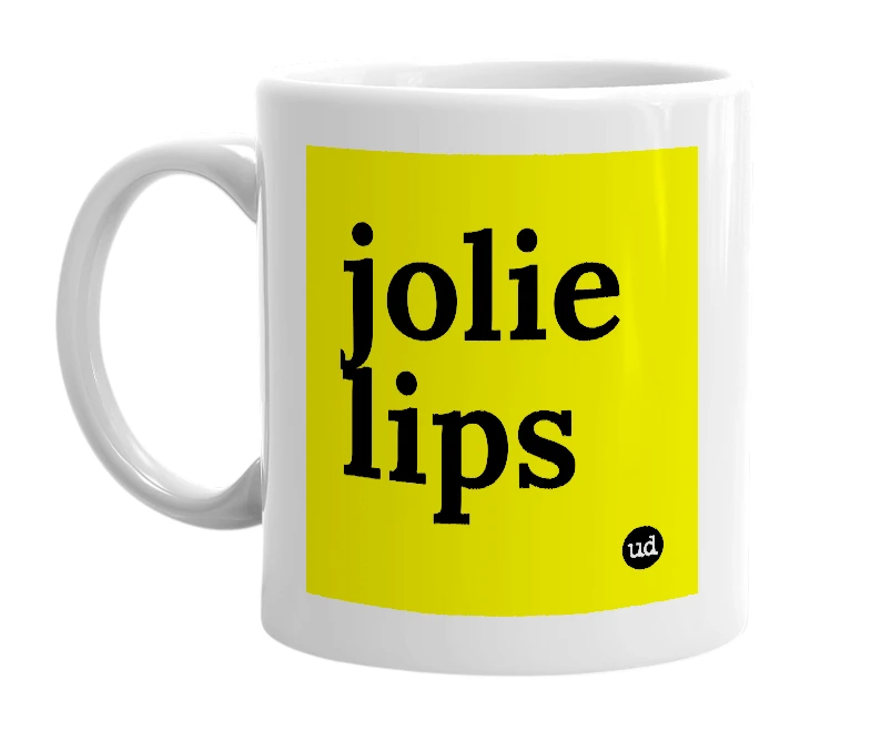 White mug with 'jolie lips' in bold black letters